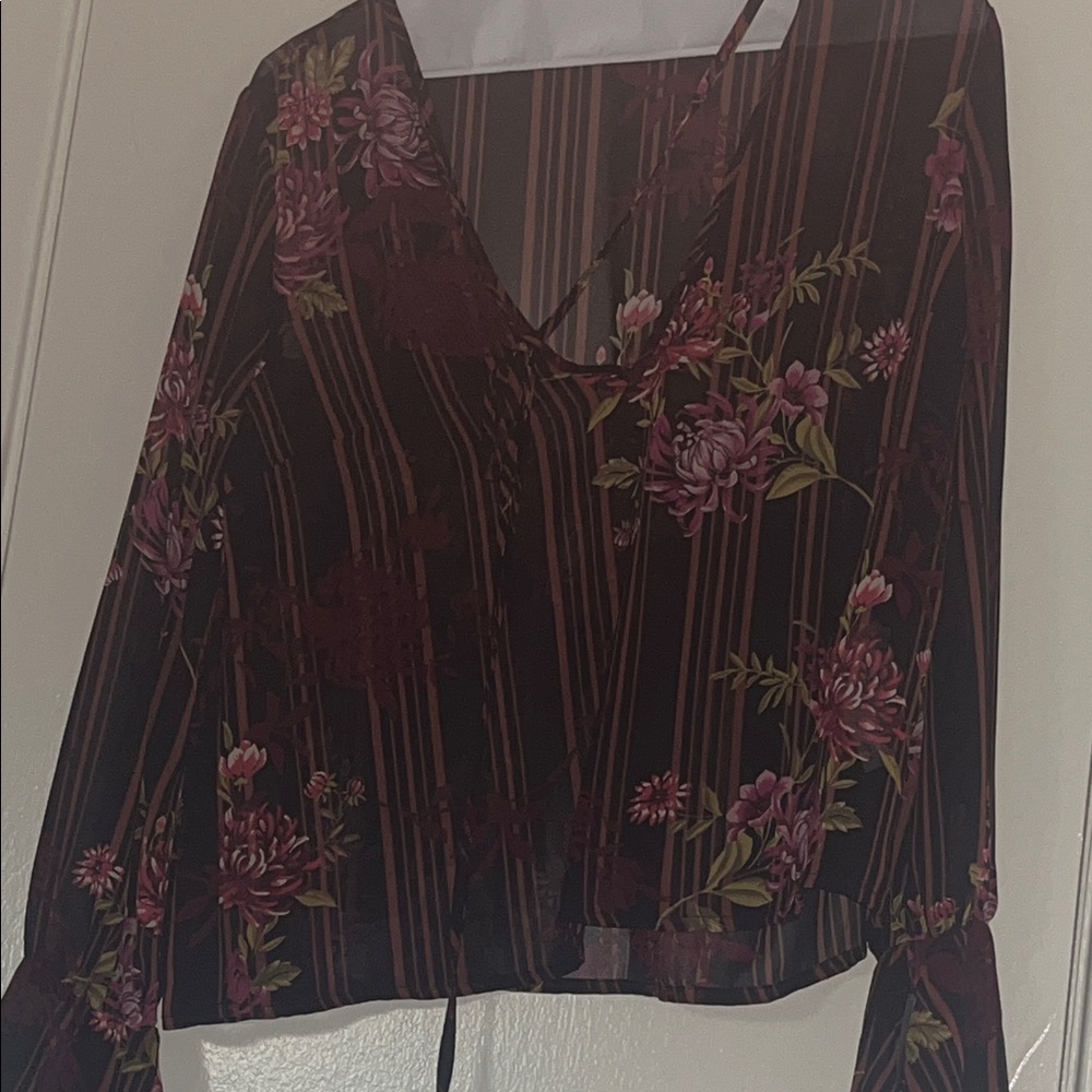 Forever 21 Black Sheer Floral V-Neck Blouse with Pink Blooms